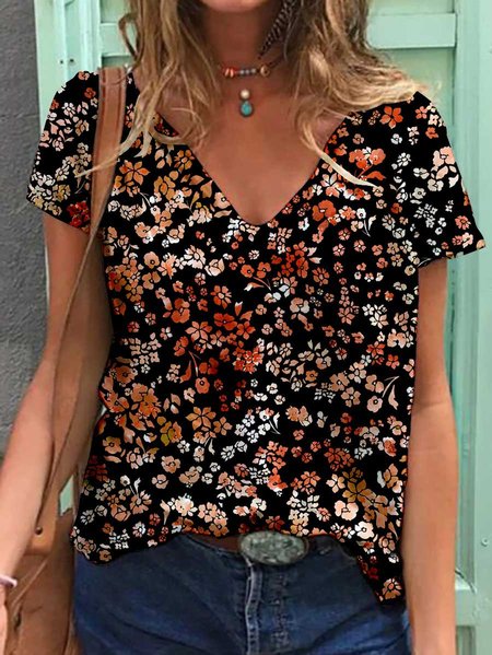 

Plant floral print V-neck T-shirt, Black, T-shirts