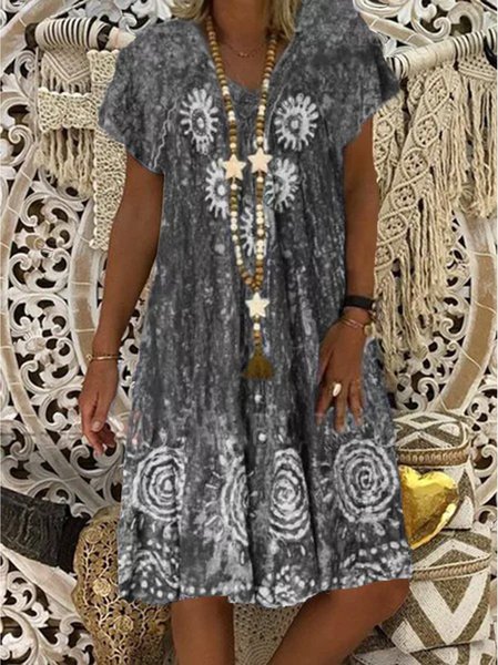 

Nuovo Donna Chic Vintage Bohemian hippie Vacanza Scollo a V Cotone Maniche Corte Abito, Grigio, Dresses