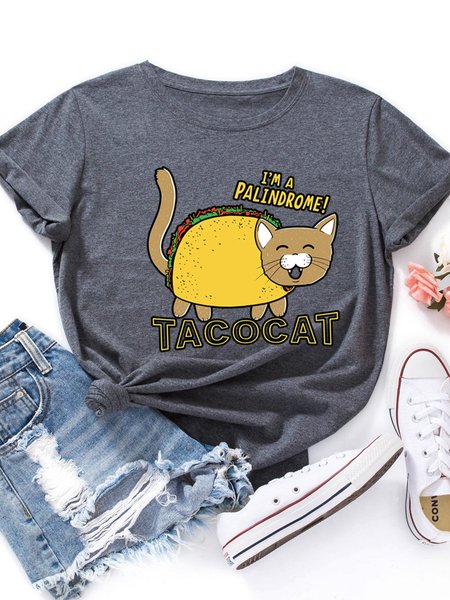 

Taco Cat Graphic Short Sleeve Round Neck Casual Tee, Deep gray, T-shirts