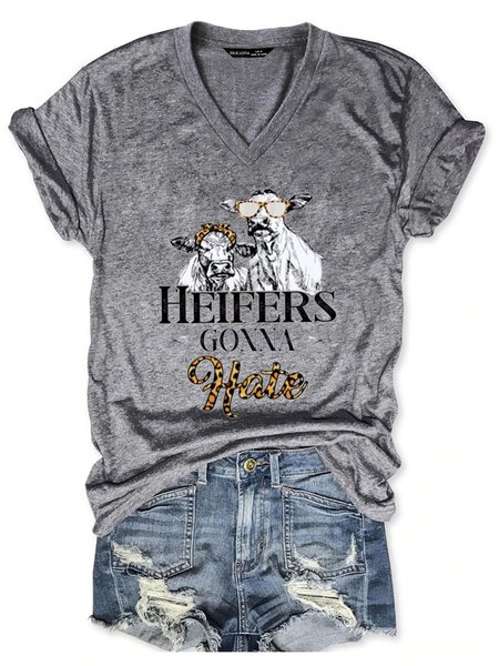 Heifers Gonna Hate Short Sleeve Letter Cotton-Blend Woman Tee, Gray, T-shirts