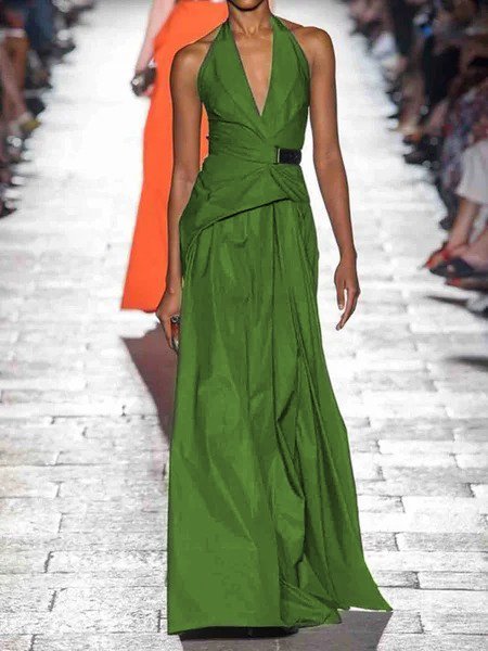 

Vintage Tinta unita taglia grande senza maniche Scollo a V Gonna Casuale, Verde, Maxi Dresses