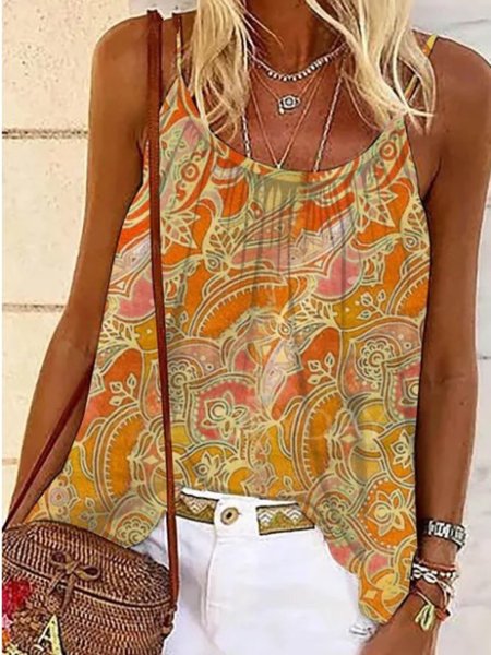 

Vintage Geometric Floral Printed Boho Plus Size Sleeveless Casual Tops, Yellow, Tank Top