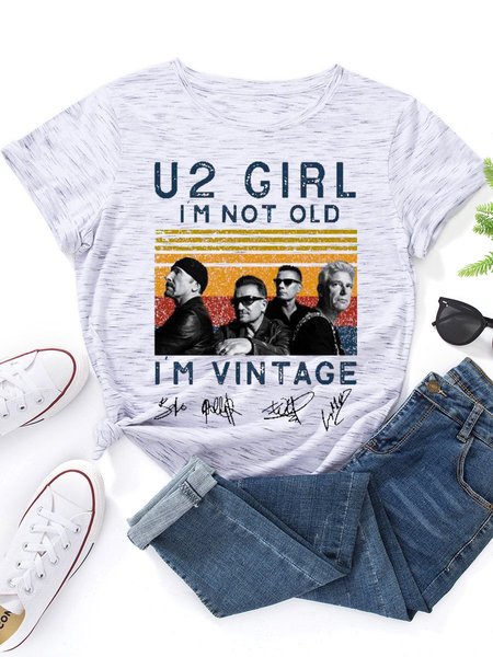 

U2 Girl I’m Not Old I'm Vintage Signature Graphic Tee, Gray-white, T-shirts