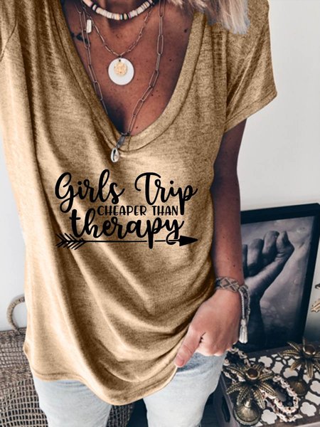 

Girls Trip Cheaper Than Therapy V-neck graphic Tee, Khaki, T-shirts
