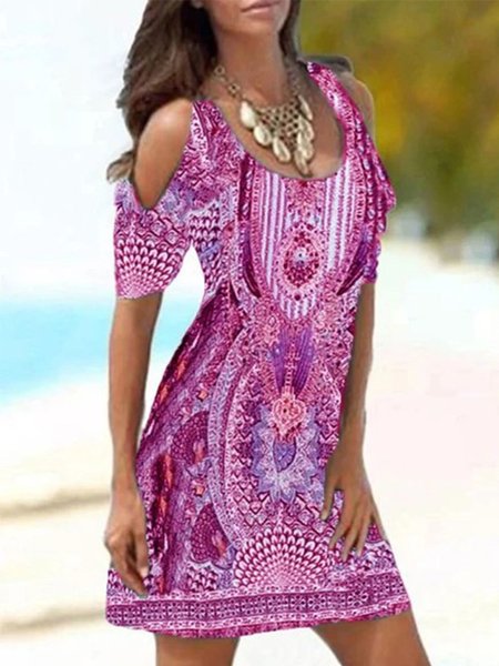 

Vintage Geometrico Stampata Floreale Bohemian taglia grande Maniche Corte Gonna Casuale, Rosa rosso, Dresses