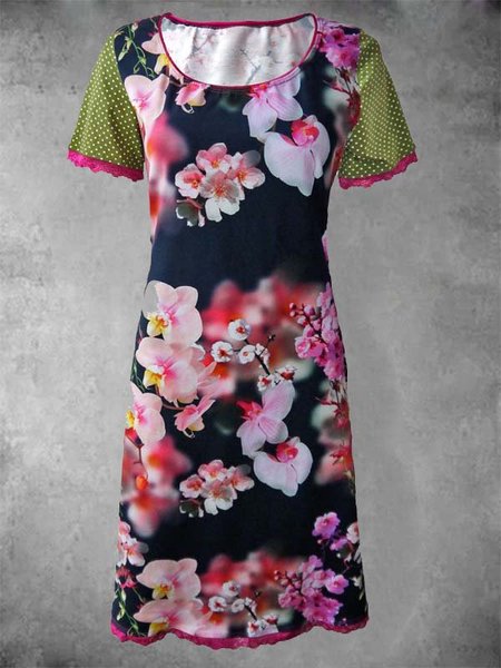 

Crew Neck Floral-Print Short Sleeve Cotton-Blend Dresses, Navy blue, Auto-Clearance