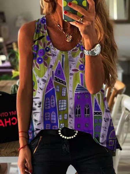 

Cotton-Blend Holiday Sleeveless Crew Neck Shirts, Purple, Tanks & Camis