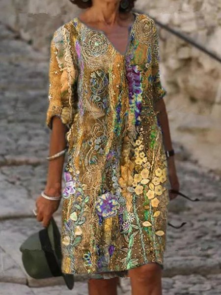

Abito Estivo Vintage Stampato Floreale Scollo a V, Giallo, Dresses