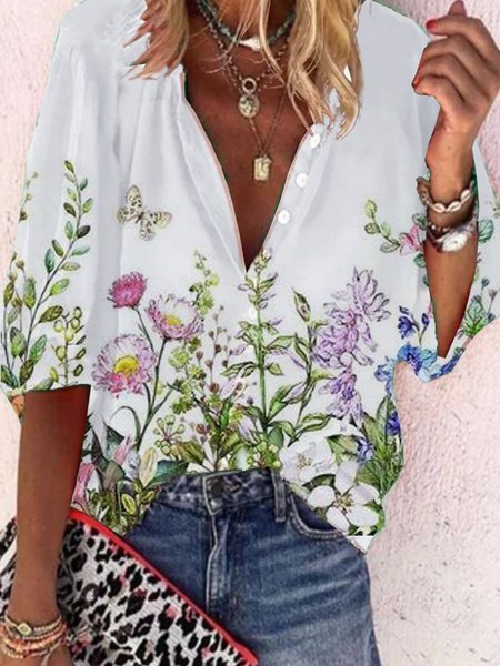 

Floreale Mezza Manica Stampato Poliestere Colletto Rialzato Vintage Estate Bianco Camicia, Blouses & Shirts