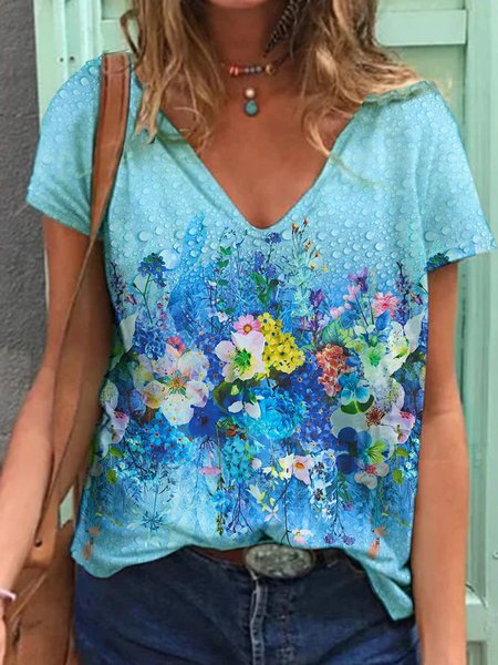 

Floral Short Sleeve Printed Cotton-blend V neck Casual Summer Blue Top, T-Shirts