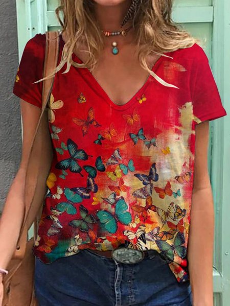 

Farfalla Pittura Stampare T-shirt, Rosso, T-Shirts