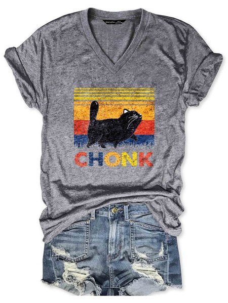 

Vintage Obese Fat Overweight Kitten V-neck T-shirt, Gray, T-shirts