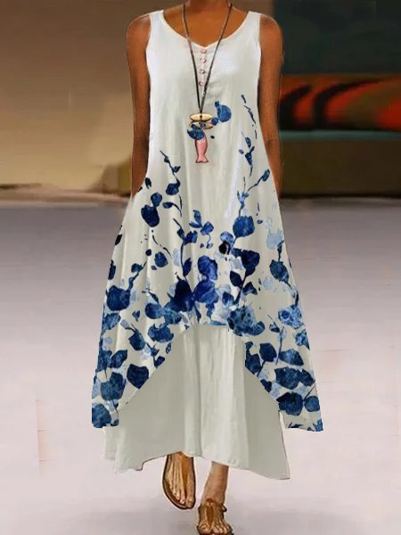 

senza maniche Casuale Poliestere Cotone Stampato Abito, Blu, Maxi Dresses
