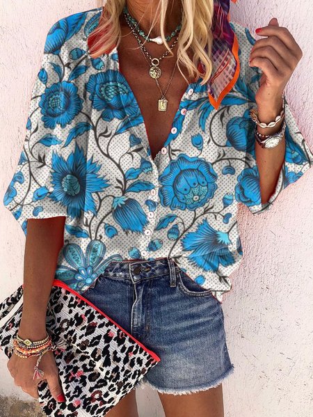 

Camicie & Top Dritto Vacanza Floreale Cotone, Blu, Blouses & Shirts