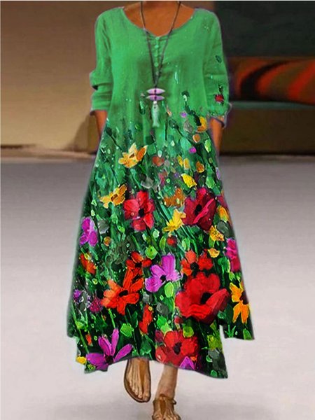 

Casuale 3/4 Manica Stampato Floreale Abito, Verde, Maxi Dresses