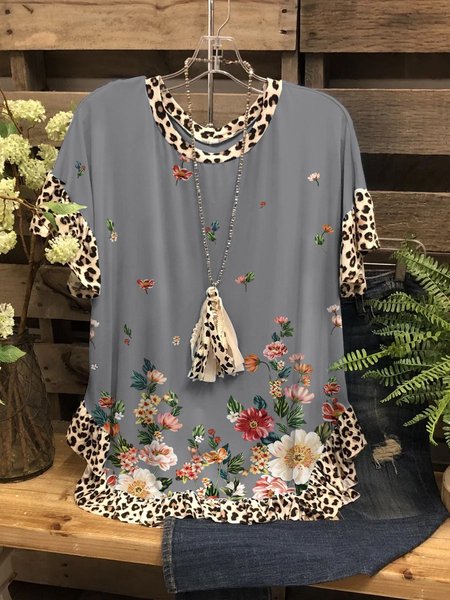 

Floral Graphic Short Sleeve Round Neck Casual Leopard-Print Stitching Tee, Gray, T-shirts