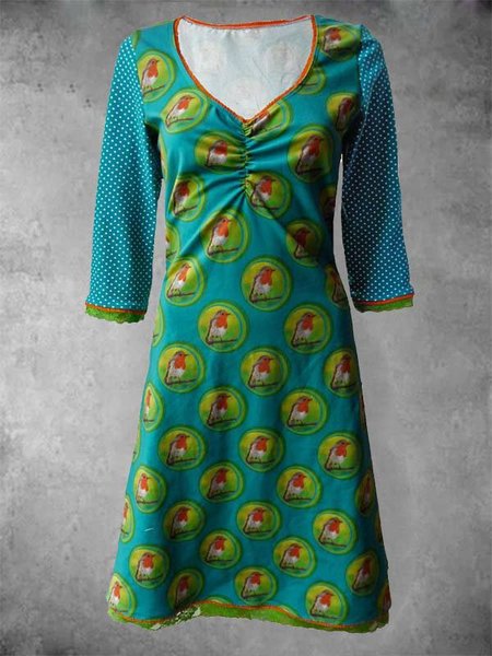 

V Neck Casual Printed Cotton-Blend Dresses, Blue, Auto-Clearance