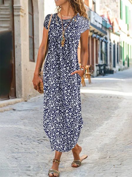 

Vintage Vacanza Bohemian Semplice Confortevole a pois Casuale Bohemian Abito, Blu marino, Midi Dresses