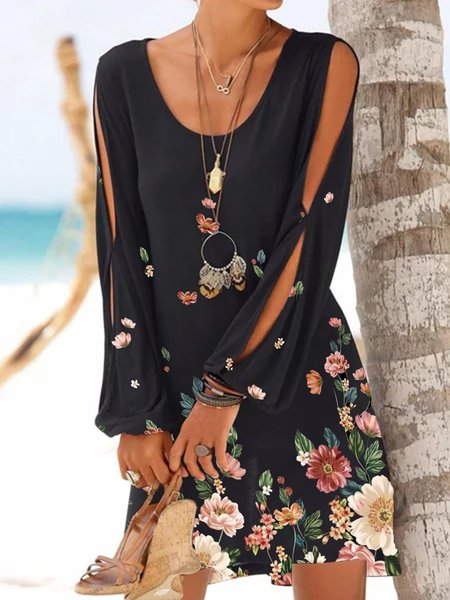 

Girocollo Vacanza Maniche Lunghe Ombre/Tintura a nodi Abito, Nero, Dresses