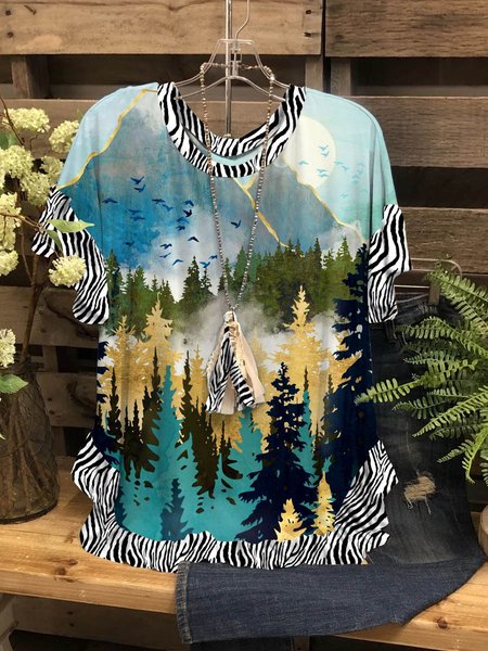 Mountain Forest Print Pullover Graphic Short Sleeve Round Neck Casual Stitching Tee, Green, T-shirts