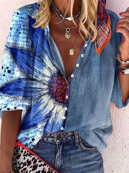 

Scollo a V Maniche Lunghe Dritto Casuale Camicie & Top, Blu, Blouses & Shirts