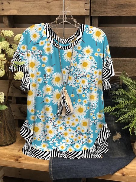 

Floral Graphic Short Sleeve Round Neck Casual Stitching Tee, Blue, T-shirts
