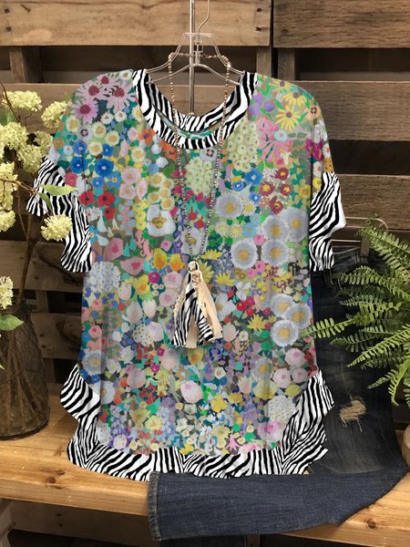 

Abstract Floral Graphic Short Sleeve Round Neck Casual Stitching Tee, Multicolor, T-shirts