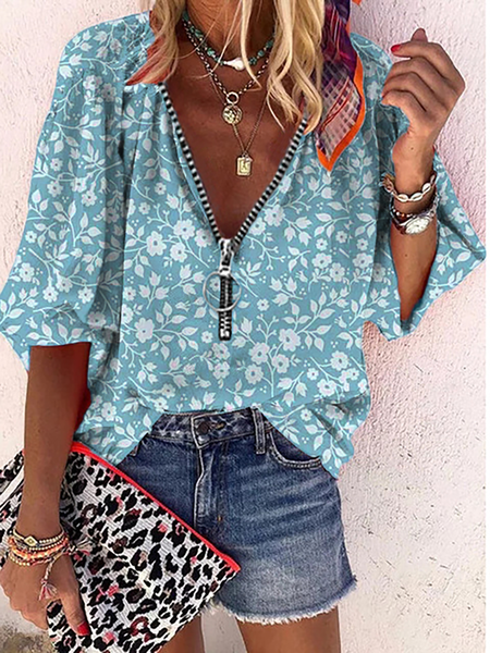 

Plus size Floral Printed Sleeve Tops, Blue, Tops