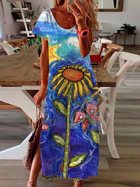 

Casual Cotton-Blend Sunflower A-Line Knitting Dress, Blue, Auto-Clearance