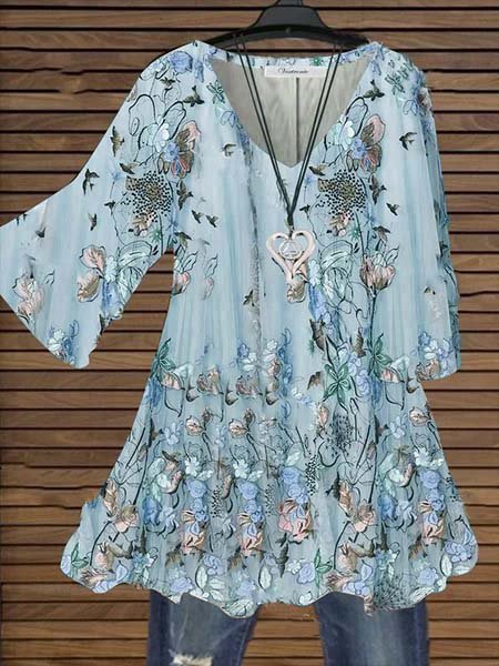 Maniche Corte Stampato Floreale Top Misto Cotone, Blu, Tops