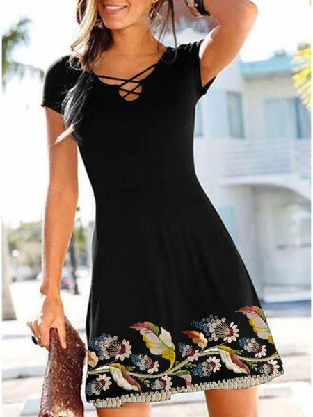 

Abito Scollo a V Maniche Corte Stampato Floreale Misto Cotone, Nero, Mini Dresses