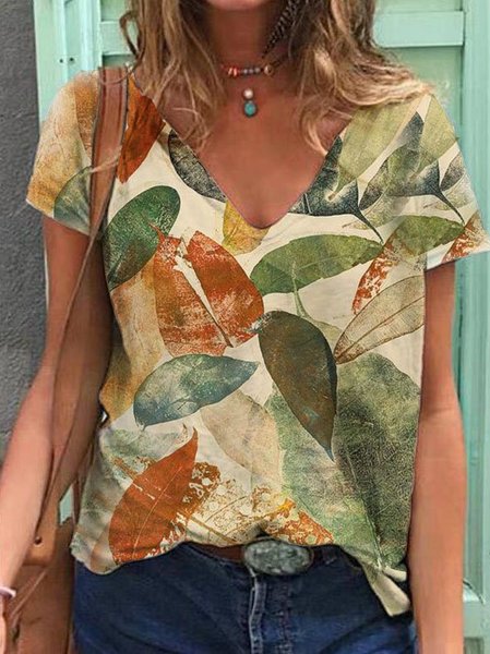 

Maniche Corte Le foglie Top, Verde, T-Shirts