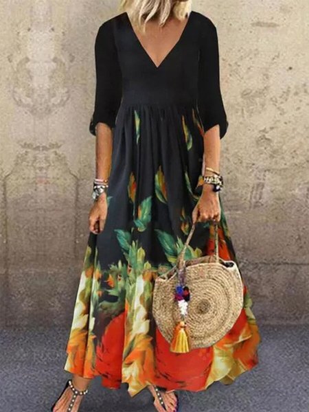 

Abito Casuale Mezza Manica Scollo a V Stampato Floreale, Nero, Dresses