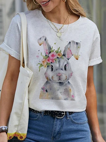 Rabbit Printed Casual T-shirt, White, T-Shirts