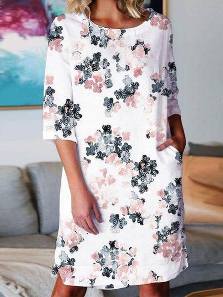 

Casual Cotton-Blend Short Sleeve Weaving Dress, White, Floral Dresses
