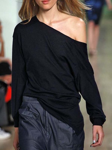 

Solido Maniche Lunghe Una Spalla Casuale Top, Nero, Blouses & Shirts