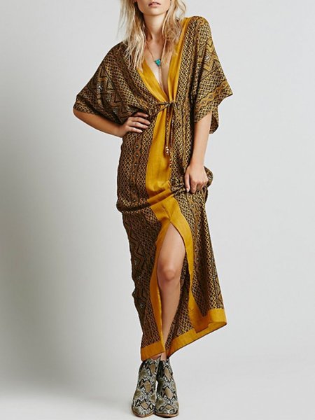 

V Neck Geometric Half Sleeve Dress, Yellow, Dresses