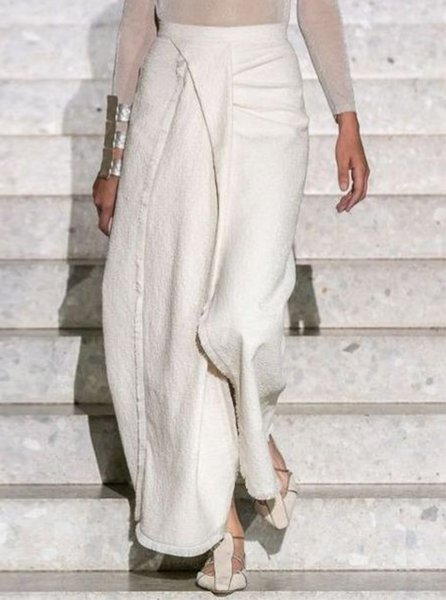 

Vintage Ruched Plain Pants, White, Pants