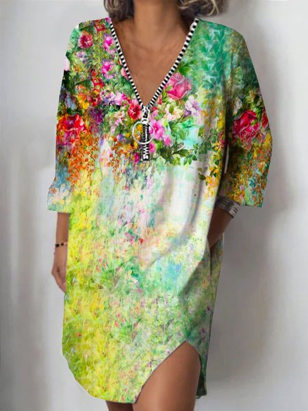 

Abito Scollo a V Bohemian 3/4 Manica Dritto, Verde, Dresses