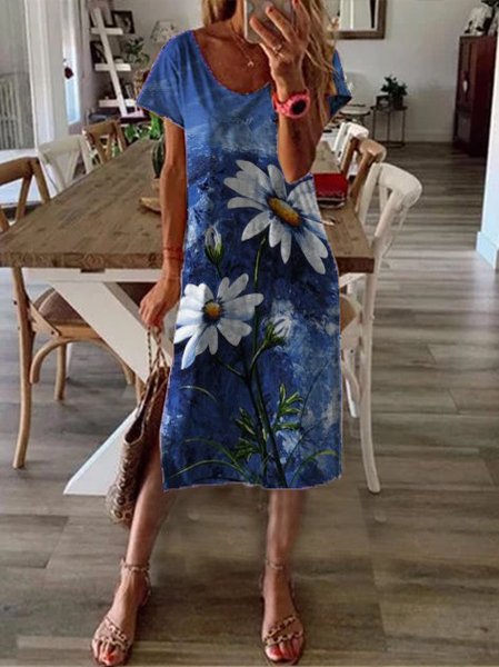 

Short Sleeve Shift Crew Neck Casual Dresses, Deep blue, Dresses
