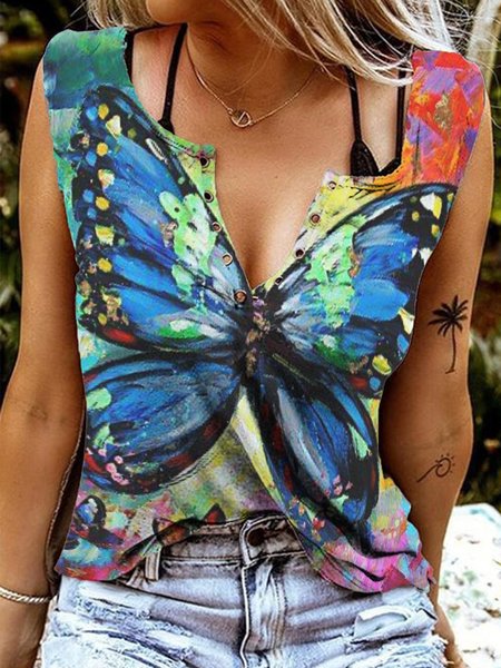 

Scollo a V Senza Maniche Farfalla Dritto Top, Blu, Tank Top