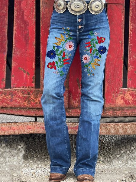 

Casual Floral DenimPants, Blue, Auto-Clearance