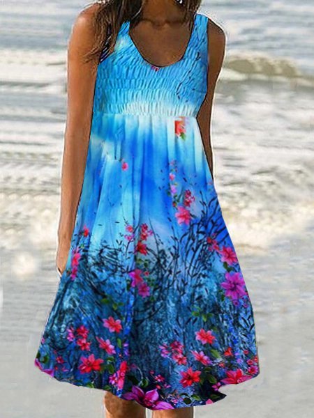 

Casuale Vacanza Senza Maniche Floreale Abito, Blu, Dresses