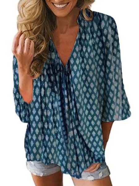 

Shift Casual V Neck Half Sleeve Shirts & Tops, Blue, Blouses & Shirts