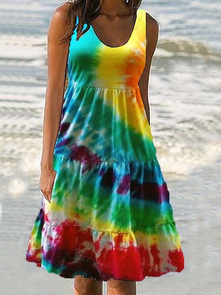 

Scoop Neckline Women Floral Weaving Dress Beach Ombre/tie-Dye Weaving Dress, Multicolor, Floral Dresses
