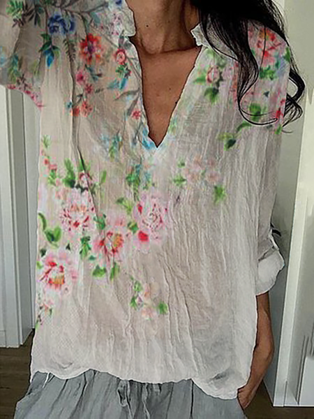 Plus size Floral Printed Boho Tops, White, Blouses & Shirts