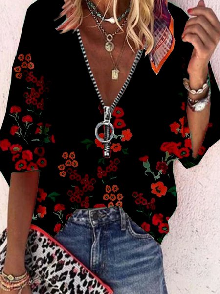 

Floral Half Sleeve Polyester V neck Vintage Summer Black Top, Blouses & Shirts