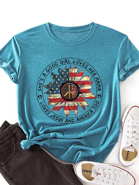

She's A Good Girl Loves Her Mama Loves Jesus And America Too American Flag Hobby and Peace Easter Sunflower Graphic Tee, Lake blue, T-shirts
