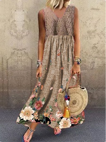 

Casual Holiday V Neck Sleeveless Geometric Floral Printed Weaving Dress, Khaki, Floral Dresses