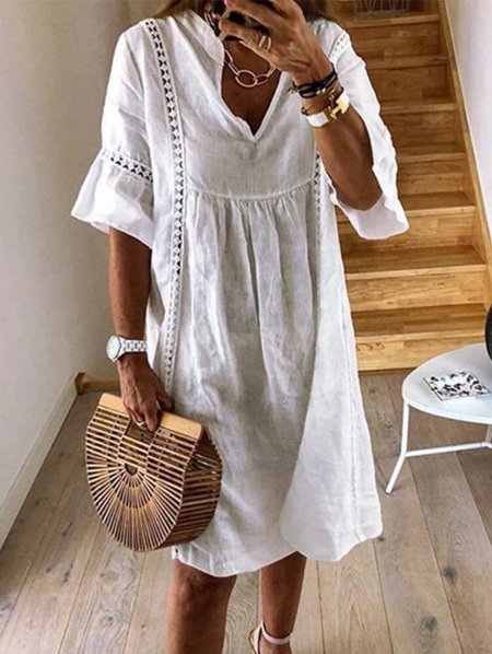 

Spring Summer Vacation Cotton Hollow Out V Neck Basic Casual Loose White Half Sleeve Solid Color Shift Dress Knee Length Dress, Mini Dresses